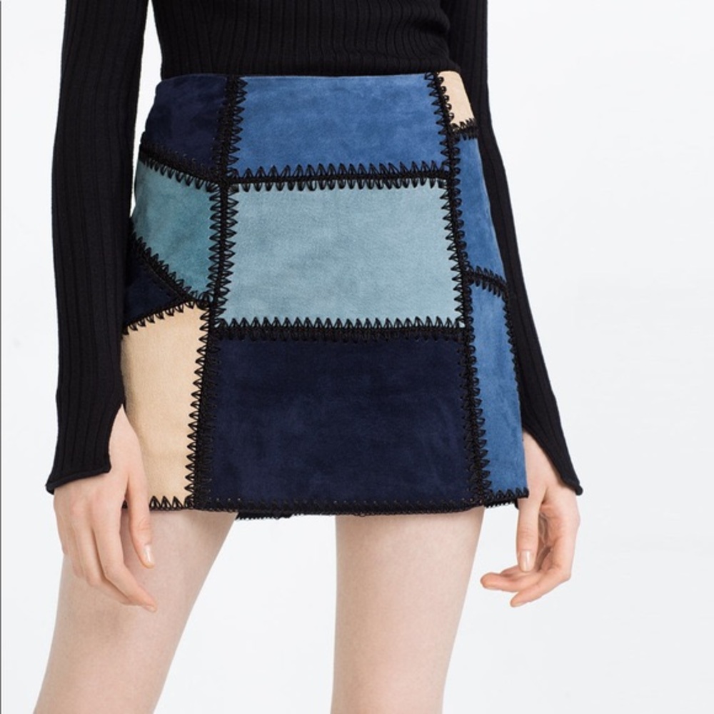 Zara Woman M Blue Suede Patch Work Mini Skirt